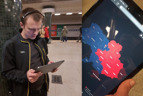 (Yevhenii Khan arbetar under flyglarm / Onlinekarta över flyglarm)